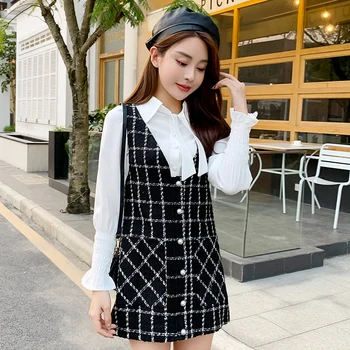 

Fashion Elegant Two Piece Set 2019 Autumn Women Long Sleeve White Shirt + Tweed Plaid Vest Dress Suits Mini Sweet Vestidos