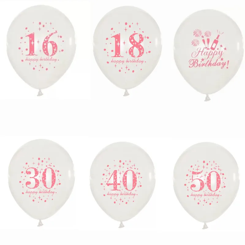 10PCS White Pink Balloons Printed Aged Number 16 18 30 40 50 60 70 80 90 years old Birthday party digital ballon Latex Globos | Дом и сад