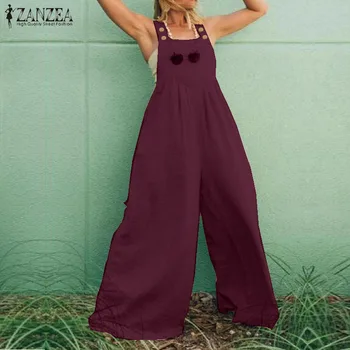 

ZANZEA Summer Jumpsuits Women Wide Leg Rompers Solid Cotton Linen Long Playsuits Plus Size Casual Loose Overalls Suspender Pants