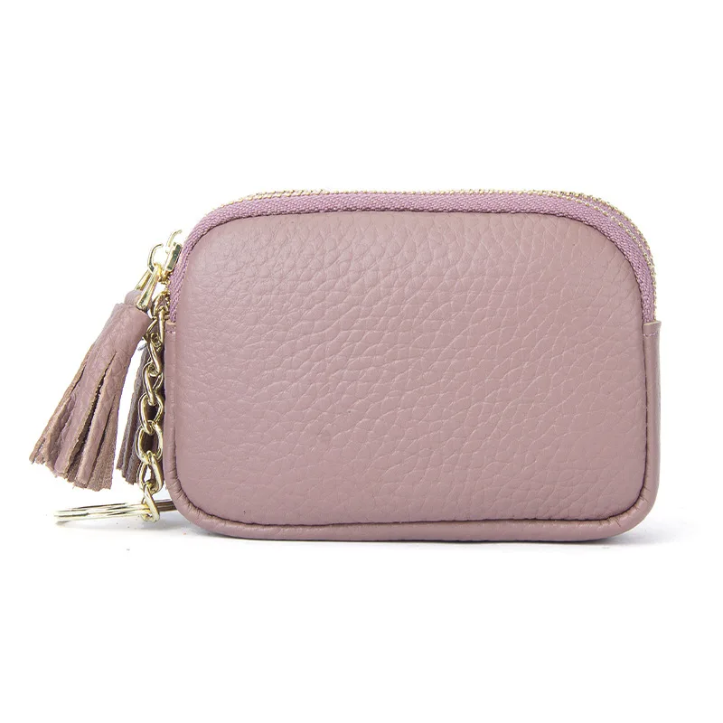 Genuine Leather Women Coin Purse Double Zipper Small Purse Wallet with Keyring Coin Storage Bag Kids Purses Tassel Change Pouch