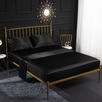 

4pcs Solid Comfortable Deep Pocket Silky Smooth Fitted Cover With Pillowcase Home Hotel Satin Sheets Set Bedding Wrinkle Free