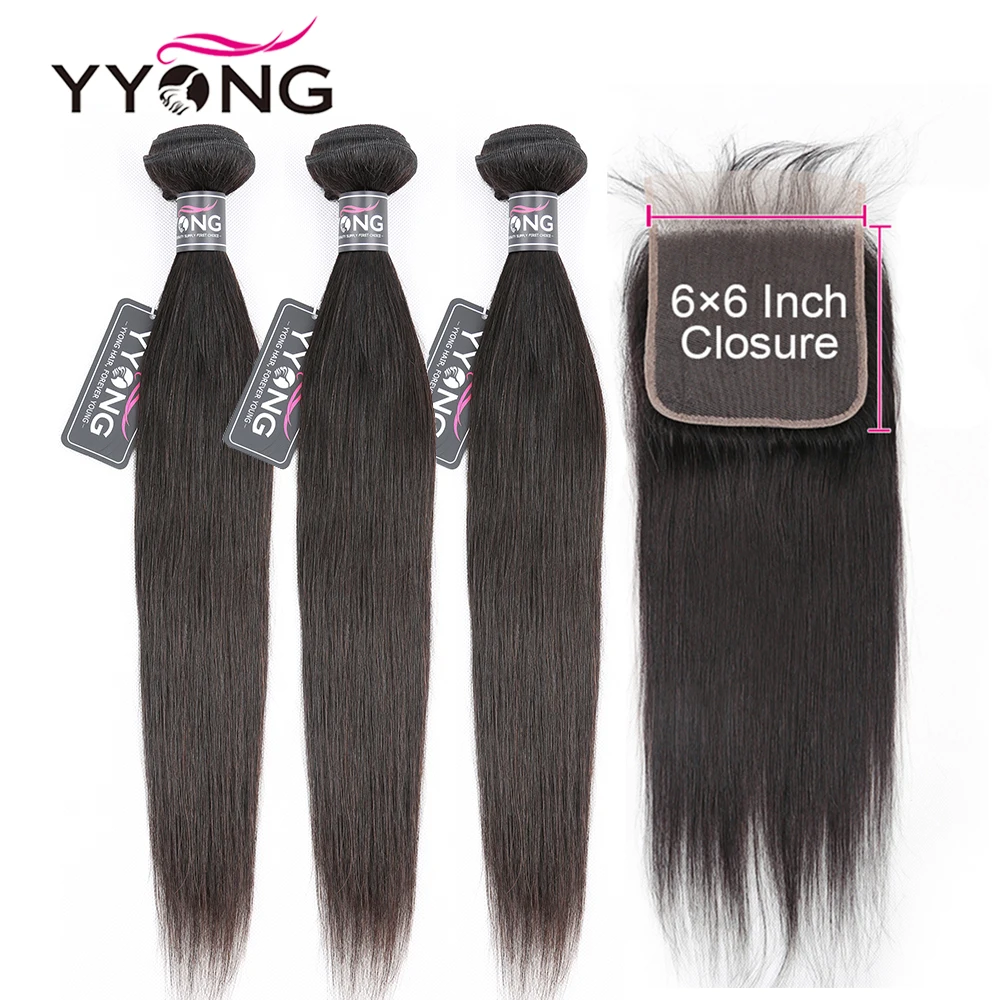 

Brazilian Straight Hair 3 Bundles With Closure, 6x6 Closure With Bundles Remy 8-30inch Human Hair Bundle With Lace Closure