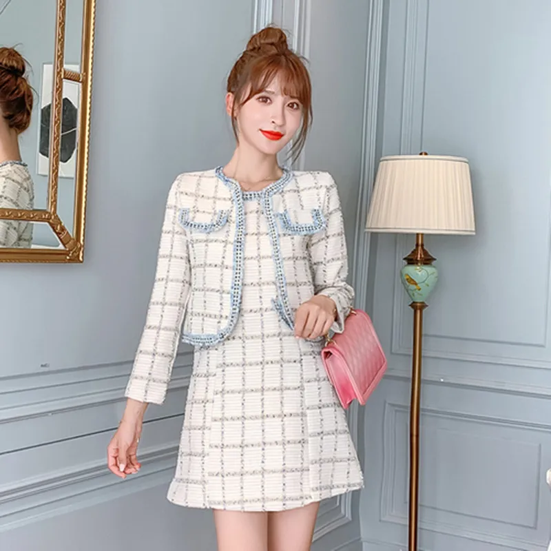

2019 Autumn Winter New Pattern Female Style Small Fragrant Wind Set Fashion Tweed Short Coat+Grace Vest Dress 2Piece Set