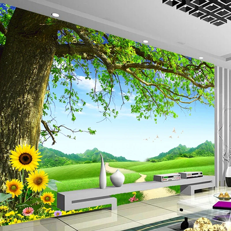Custom Any Size 3D Wall Mural Sunflower Big Tree Nature Landscape Photo Wall Paper Canvas For Living Room|Wallpapers| - AliExpress