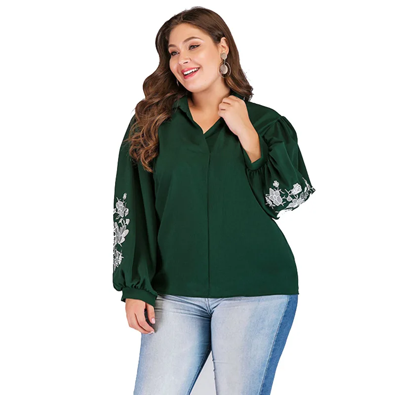 Новая мода осень зима размера плюс Топы для женщин большой длинный рукав цветок Свободная Повседневная рубашка с v-образным вырезом Зеленый 4XL 5XL 6XL 7XL