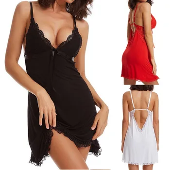 

Dihope Women Sexy Lace Nightwear Solid Lace Spaghetti Strap Night Dress Ladies Sexy Deep V-Neck Sleeveless Sleepwear Nightgowns