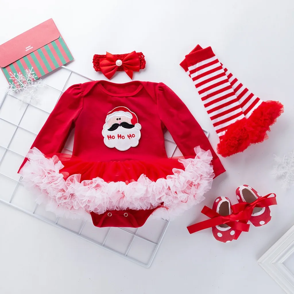 6 шт.; Одежда для новорожденных девочек; коллекция года; рождественское боди-платье с Санта-Клаусом; повязка на голову; гетры; обувь; комплект одежды для младенцев