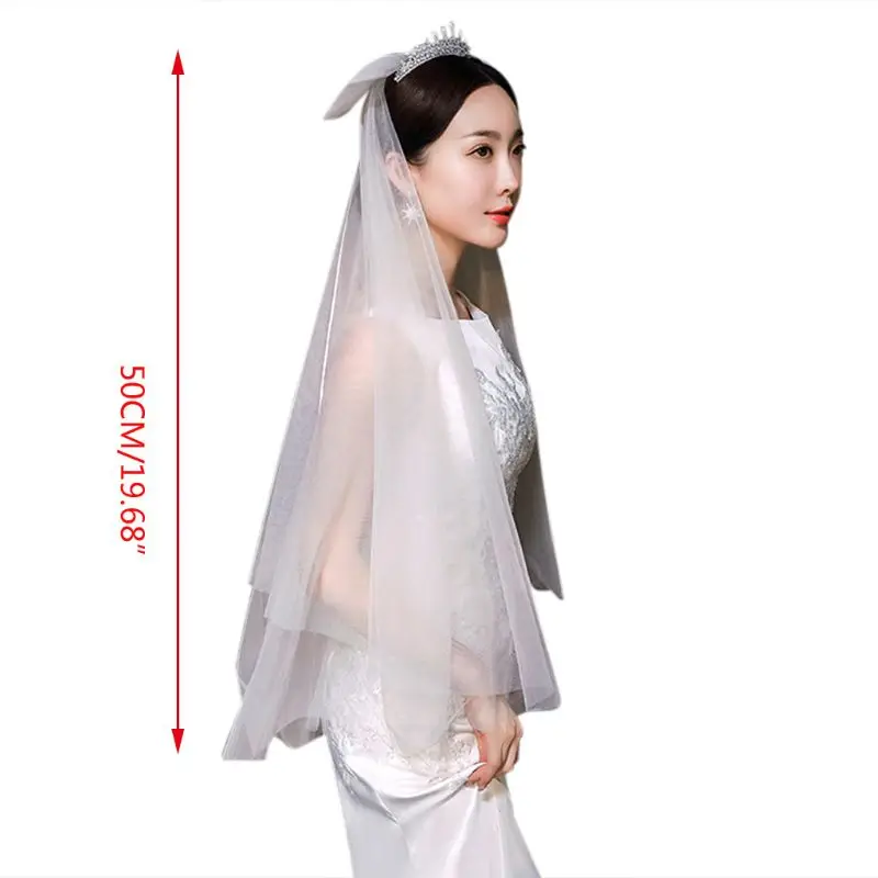 2 Tier Women Tulle Romantic Wedding Veil Bowknot Ribbon Bridal Hair Accessories C6UD