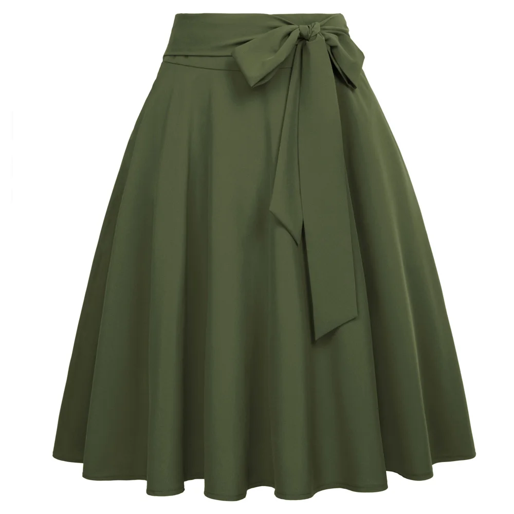 Dark Olive Green Женские однотонные юбки с завышенной талией, с бантом, украшенные, большие, свободные, элегантные, Ретро стиль, трапециевидная юбка, faldas mujer - Цвет: Dark Olive Green