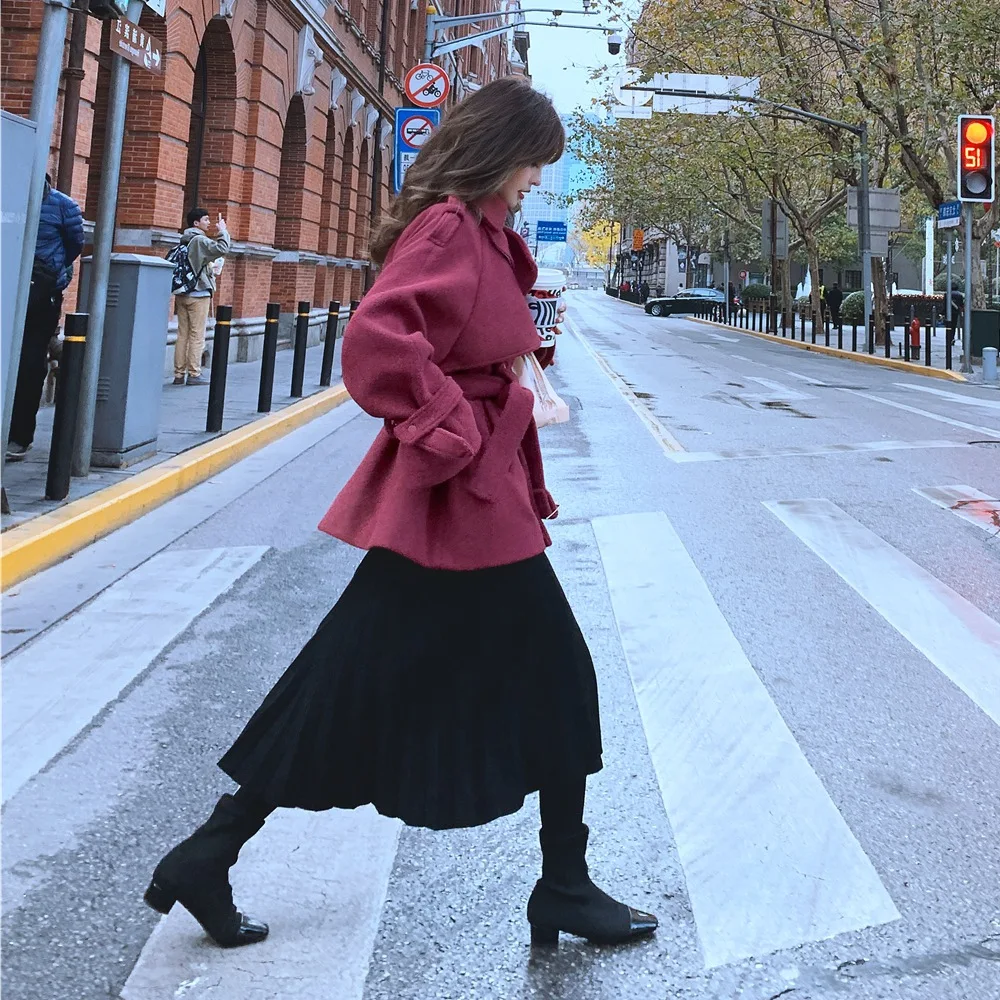 

Photo Shoot French Laziness-Style Large Lapel Waist Hugging Woolen Overcoat 2019 Winter New Style WOMEN'S Dress Vintage Woolen J
