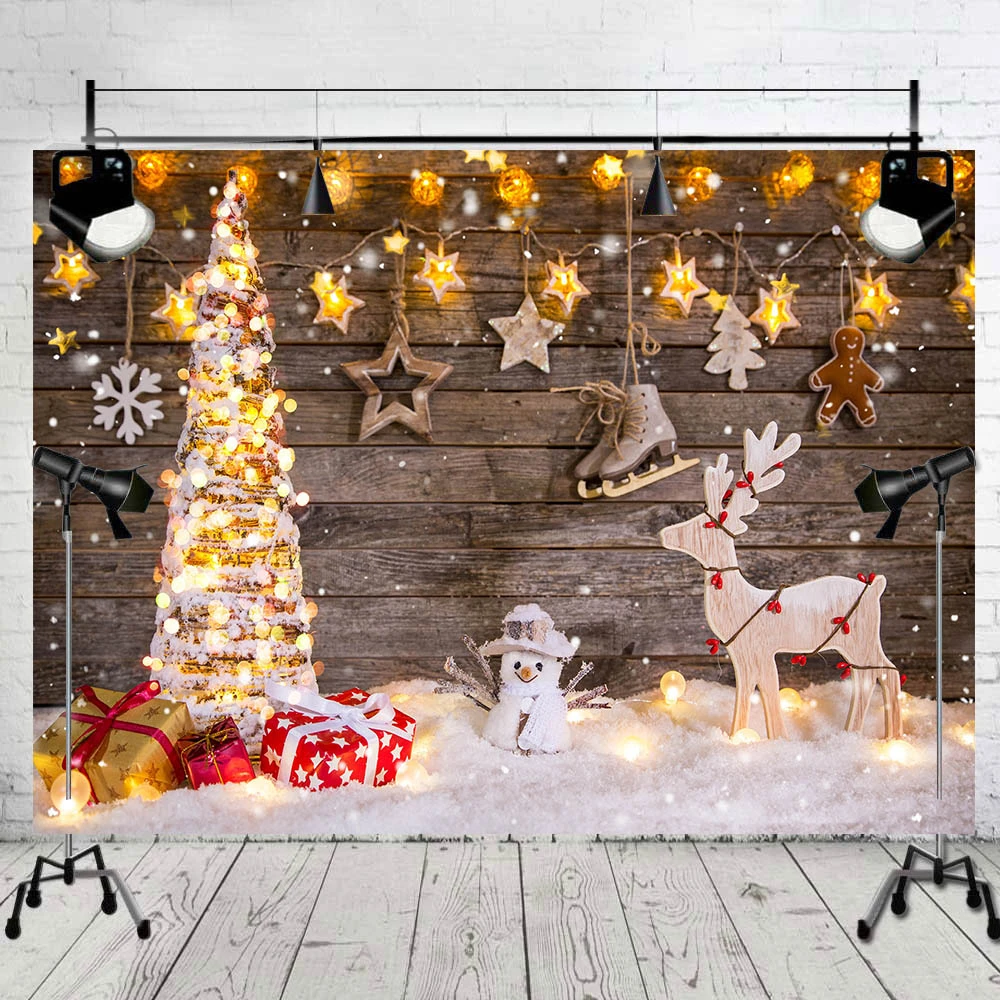 8X6FT-Christmas Wood Wall Photo Studio Background Prop Lighting Tree Photography Backdrops 