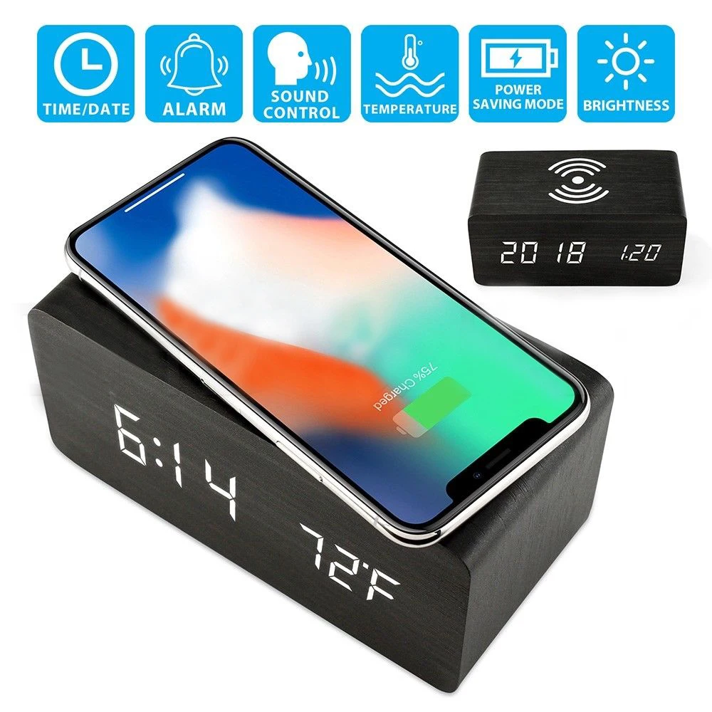 

Wooden Digital LED Desk Alarm Clock Thermometer Qi Wireless Charger 4 Colors