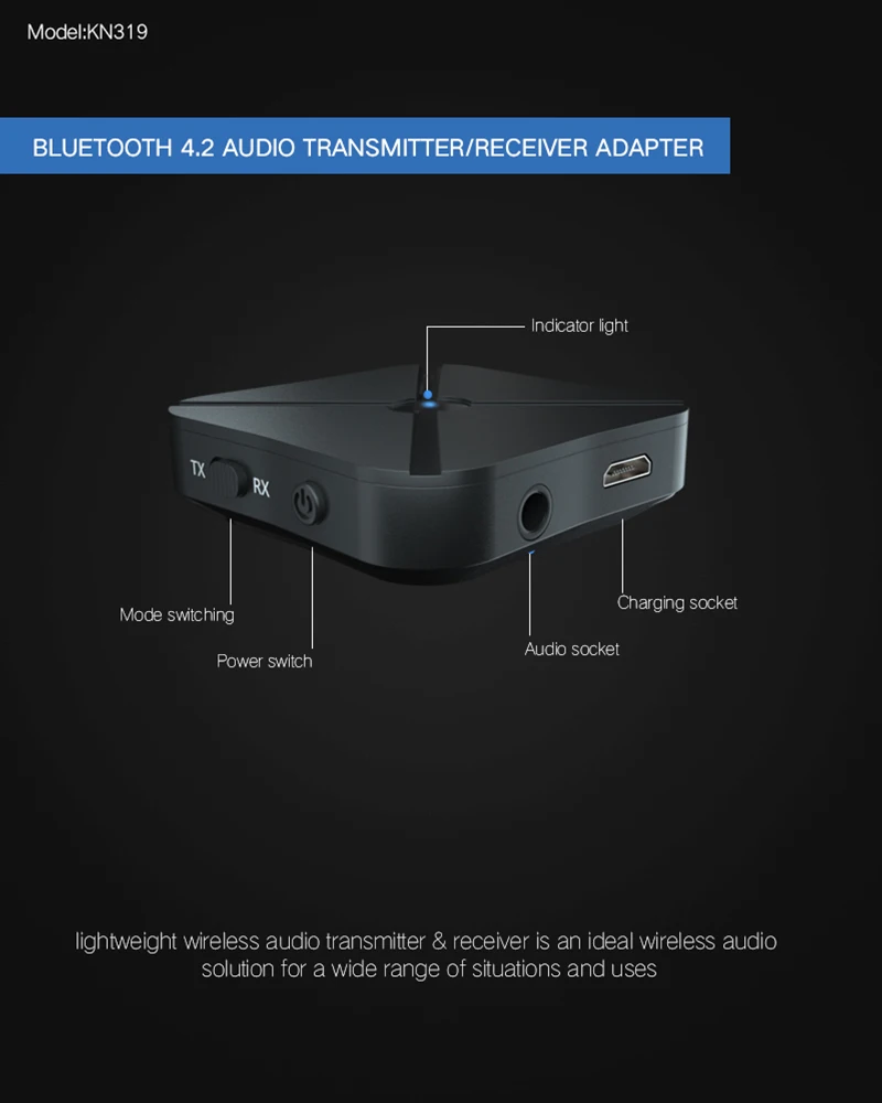 2 в 1 реальный стерео Bluetooth 4,2 приемник передатчик аудио KN319 беспроводной адаптер Bluetooth с 3,5 мм AUX для домашнего ТВ MP3 ПК