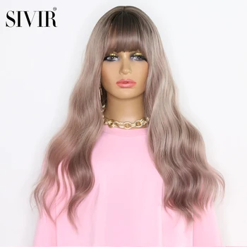 

Sivir Long Pink Ombre Synthetic Wigs with Bangs Layered Wavy Heat Resistant Hair Cosplay Daily Wig 24inch for White Black Women