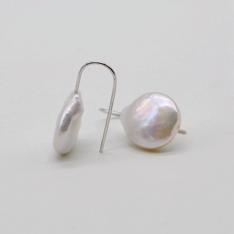 Short pearl earrings. Natural white coin baroque pearl. 925 sterling silver hook. Women's pearl earrings, simple style