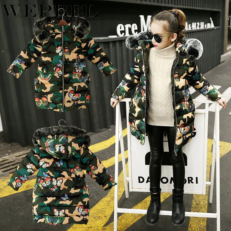 

WEPBEL Winter Girl Cotton Suit Butterfly Camouflage Thickening Hooded Warm Jacket Children's Coat