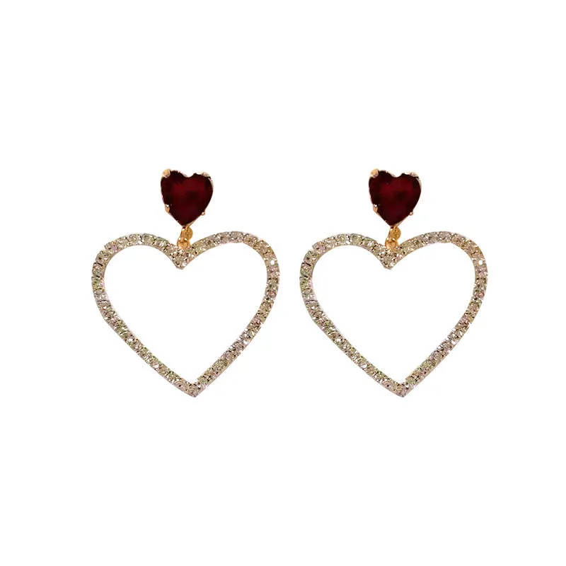 Drop Earrings Korean Fashion Jewelry Shining Rhinestone Hollow Heart Drop Earrings for Women Girls Vintage Red Crystal Earrings crystal earrings