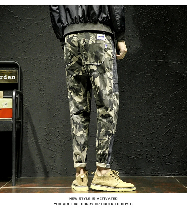 Fashion street men's casual sweatpants camouflage decorative loose overalls cotton curled feet Korean style male trousers