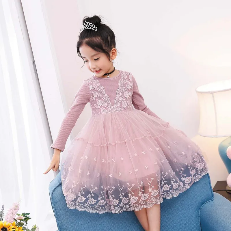 Детская одежда для девочек Кружевное платье-пачка с длинными рукавами и крючком платье для маленьких девочек Детские праздничные платья Одежда для маленьких принцесс