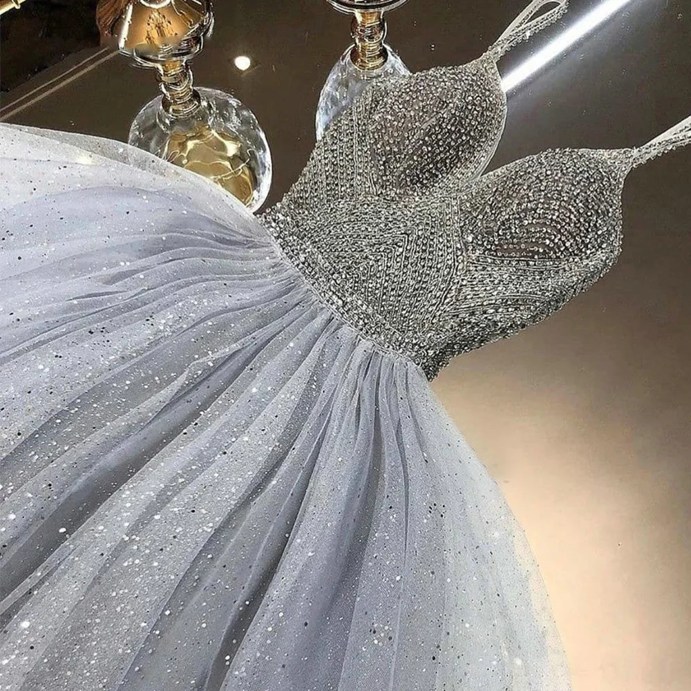 Kendny-Robe de Soirée Longue et Luxueuse en Tulle avec Bretelles Spaghetti, Ligne A Argentée, Bal de Promo, Perles de Rotterdam, 2022