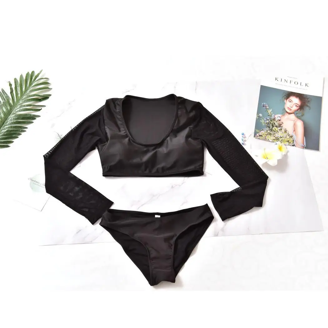 

Women Sexy O-Neck Long Sleeve Solid Two-Piece Mid-Waist Beach, Swimming Pool Bikini Set Swimwear Padded Summer