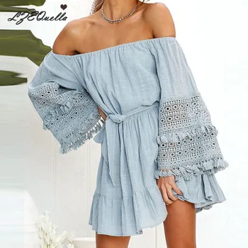 

LZEQuella Women Sexy Slash neck Solid Mini Dress High Waist Ruffled Flare Sleeve Sashes Dresses Beach Sundress Vestidos NZ1624