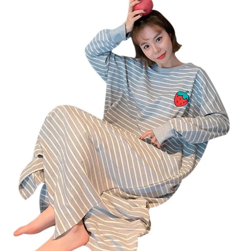 

Spring Autumn Striped Rainbow Fruit Nightdress Long Sleeves Long Cute Cartoon Bear Pajamas Loose Women's Home