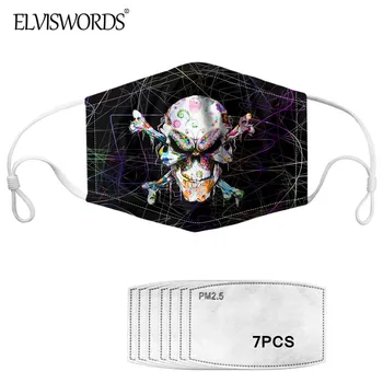 

ELVISWORDS Cool Skull Print Women Men Mouth-Muffle 7 pcs PM 2.5 Mask Filter Non-disposable Dustproof Mouth Masks Masque