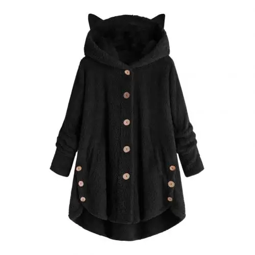 Черный Cute Women Winter Cute Cats Ears Hooded Irregular Hem Buttons Jacket Fleece Coats Outerwear Women chaqueta mujer - Цвет: Черный