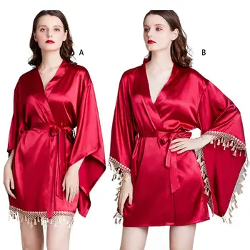 

Women Wine Red Imitation Silk Short Kimono Robe Lace Tassels Stitching Bridesmaids Nightgown Batwing Sleeves Bathrobe