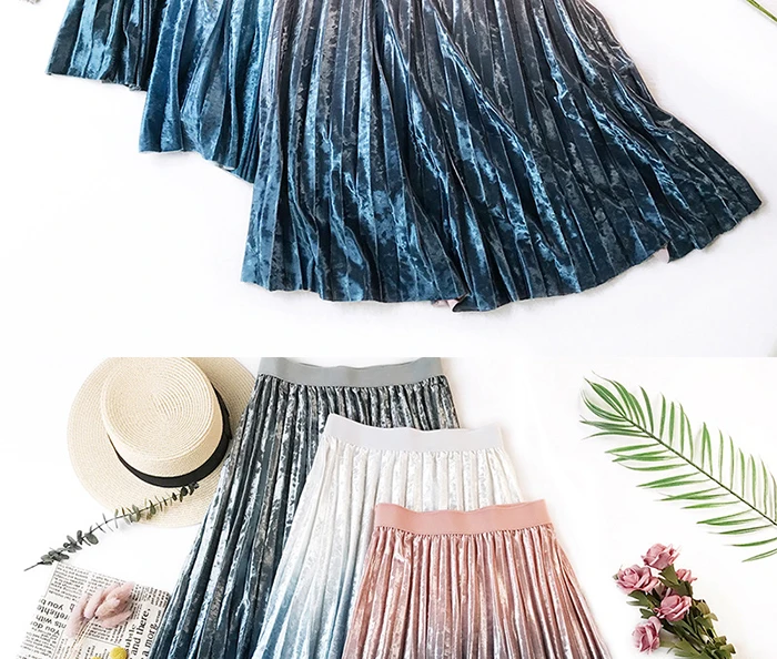 SURMIITRO Warm Velvet Midi Skirt Women Autumn Winter Korean Pink Gradient Ladies High Waist Pleated Long Skirt Female