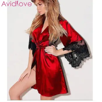 

Women Kimono Bathrobe Nightgown Female Satin Babydoll Chemises Sexy Lingerie Lace Patchwork Loose Lace-up Temptation Nightdress
