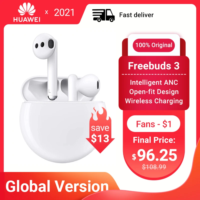 Huawei Freebuds 3 Global Version Active Noise Cancellation Earphone Bluetooth 5.1 Booming Bass Wireless Headsets Tap Control