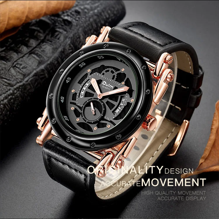 OULM военные кварцевые часы для мужчин черный кожаный ремешок большой размер