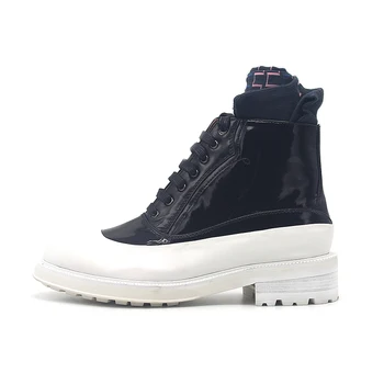 

Men Panelled Black White Oxford Lace Up Cow Leather Boots Work High-Top Shoes Thick Bottom British Cowboy Botas