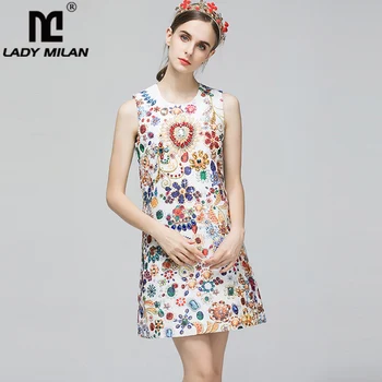 

Women's Runway Dresses O Neck Sleeveless Printed Floral Beaded Fashion Casual Short Dresses