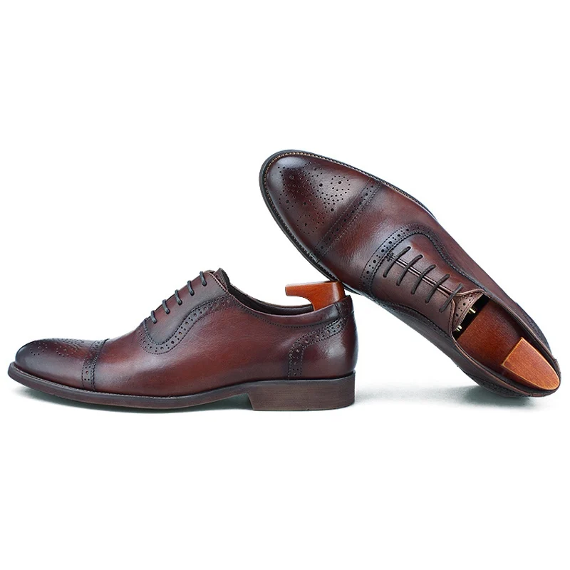 Vintage Man Cap Toe Semi Brogue Shoes Genuine Leather Formal Office Party Oxfords Round Toe Laces Men's Wedding Flats BGQ236
