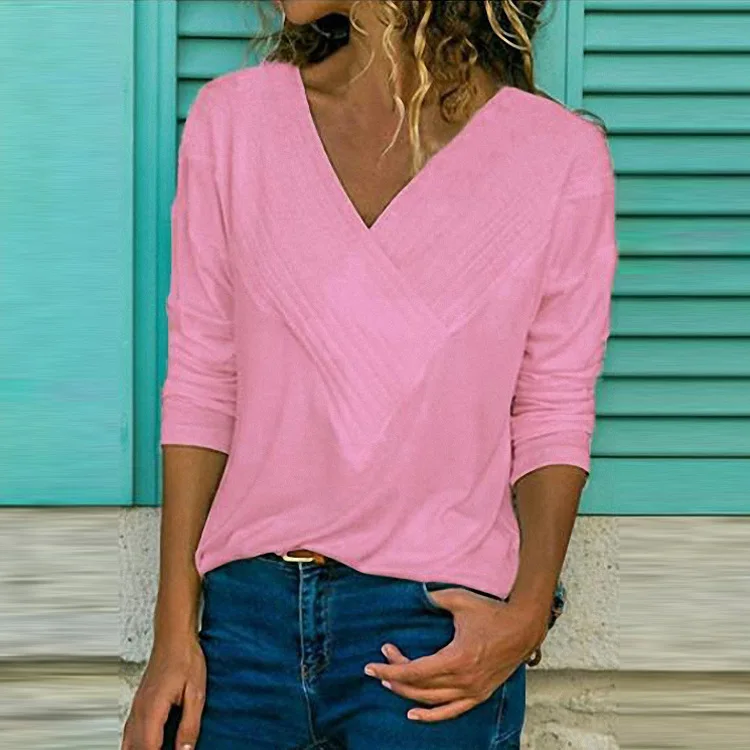 3-ZCSYM11 pink Casual повседневная женская летняя футболка с длинным рукавом с v-образным вырезом хлопковая Свободная рубашка сплошной цвет большие размеры женская одежда модные летние топы - Цвет: 3-ZCSYM11 pink