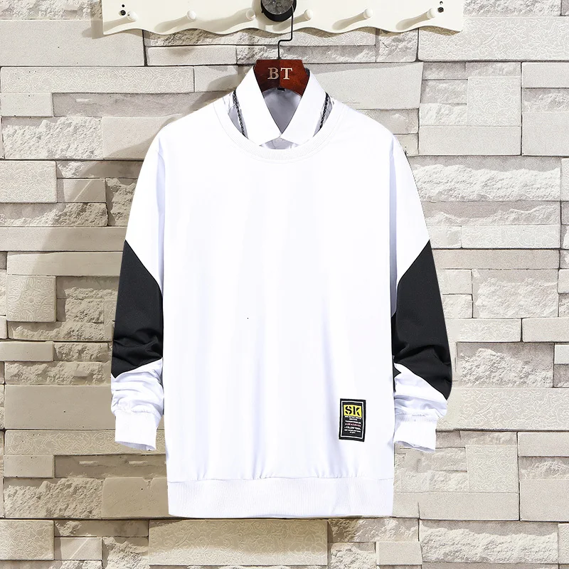 

UYUK2019 Autumn New Round Neck Collar Loose Large Size Shirt Trend Stitching Contrast Color Men's Hoodies Hip Hop