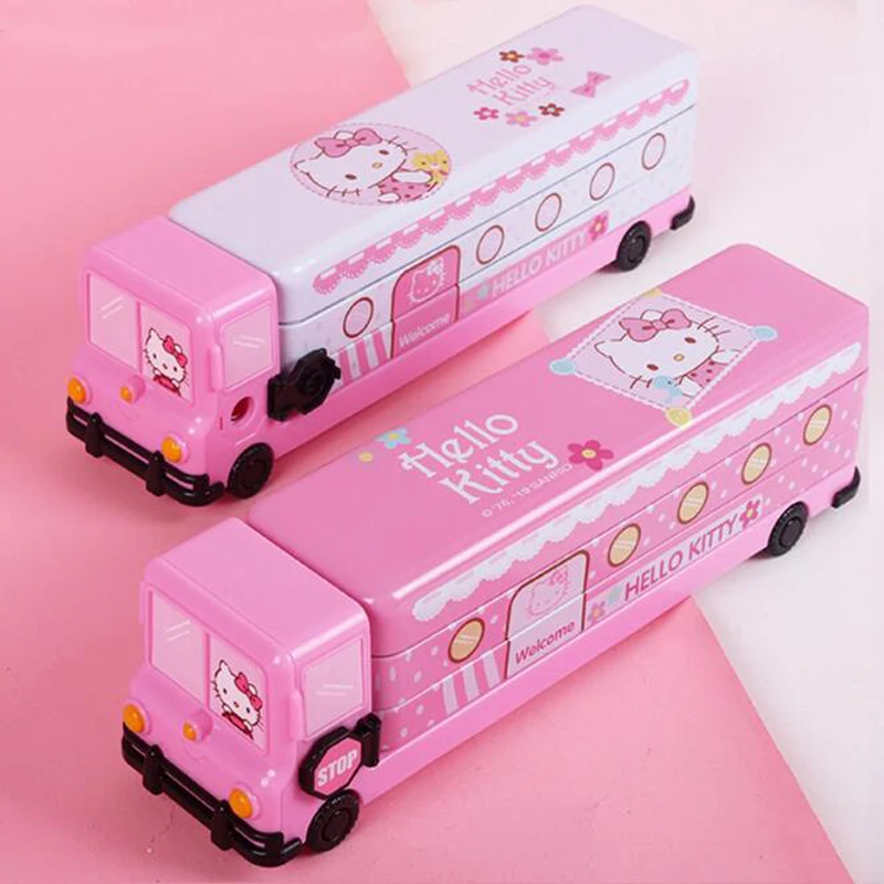 

New Kawaii Hello Kitty Truck double-deck tinplate Pen box Primary school Multifunction large-capacity pencil case Child gift