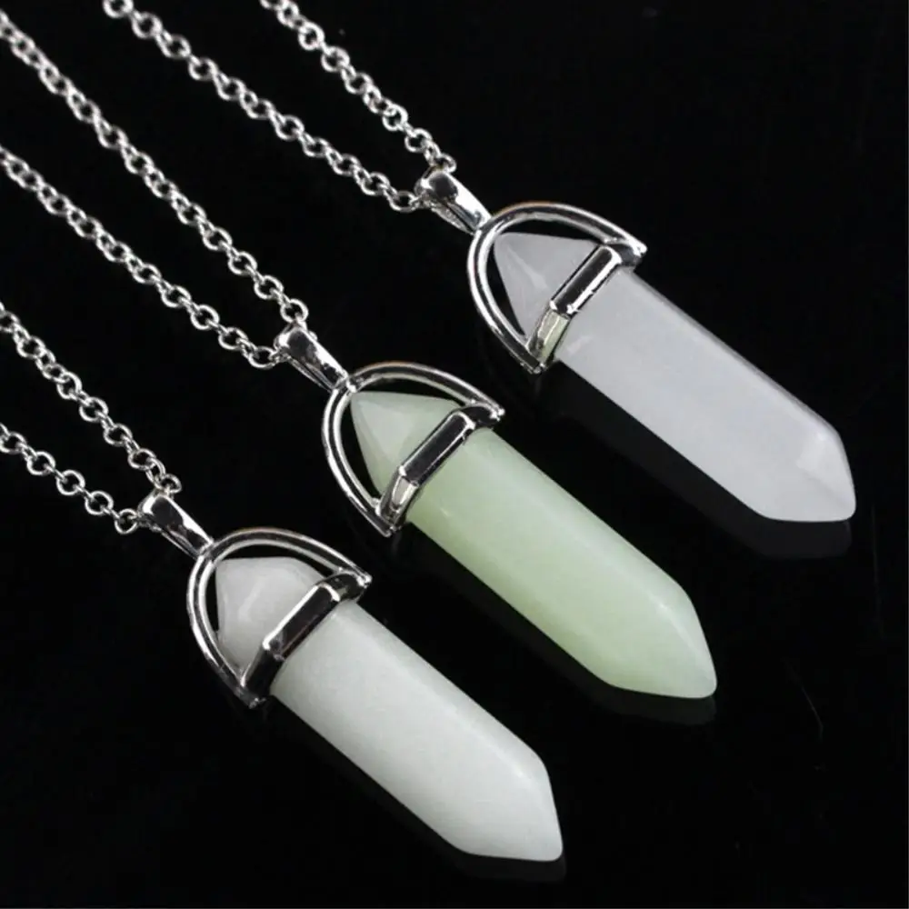 

12 PCS Wholesale Glow in Dark Luminous Women's Jewelry Natural Stone Necklace Pendant Gem Stone Hexagonal column Choker Pendant