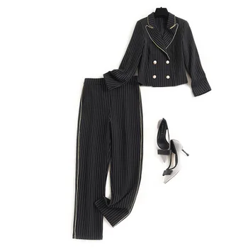 

New Winter Womens Striped Double Breasted Blazer Jacket Slim Fit Pencil Pants 2 Pieces Suits Sets Business OL Sets Female