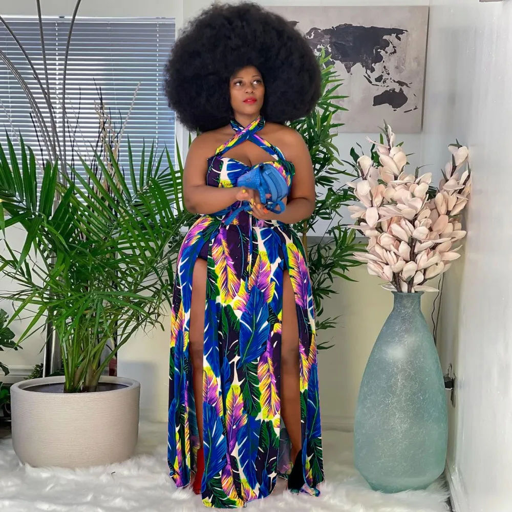 5XL Sexy Slit Wrap Dress Elegant Women V-neck High-waisted Backless Dress 2021new Summer European And American Large Fat Dress