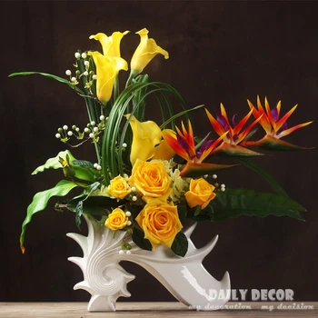 

New High simulation large flower arrangement Real touch artificial rose calla lily Anthurium with ceramic vase yellow flower art