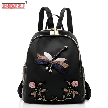 

Fashion Women Nylon School Bags For Teenage Girls Female Retro Dragonfly Embroidery Backpacks 2020 Travel Waterproof Backpack
