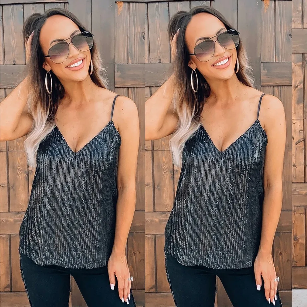 Сексуальный блестящий топ, летние женские вечерние топы, майка с v-образным вырезом, без рукавов, блестящая майка, Женские повседневные топы, ropa mujer# Zer