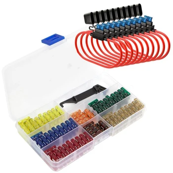 

120 Assorted Fuses with 10 Inline Fuse Holders - Includes Fuse Puller Tool, Great for Use on Cars