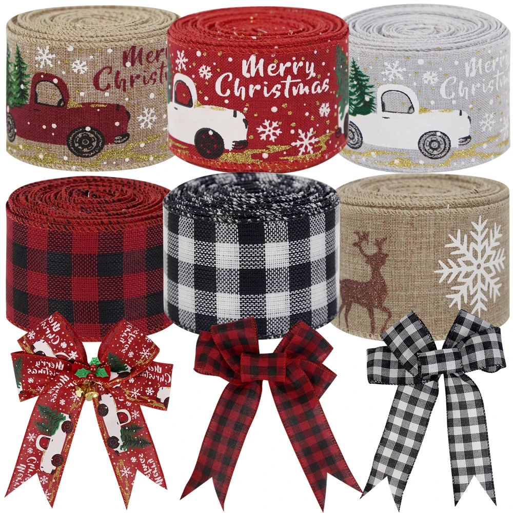 Christmas Burlap Ribbon Roll Xmas Tree Twine Streamer Ribbon Car Truck Red Plaid Tape for Christmas Gift Wrapping DIY Bow Craft, ribbon decoration,ribbon supplies,wrapping ribbon,sewing ribbon,christmas ribbon