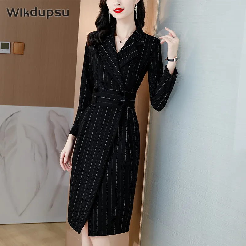 

Vintage Double Breasted Striped Wrap Dress Women Elegant Office Ladies Blazer Dresses Long Sleeve Autumn Fall Midi Long Vestidos