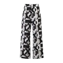 Gothic Black White Pattern Straight Ice Fabric High Waist Loose Long Pants Casual Streetwear Women Trousers Autumn New Pants